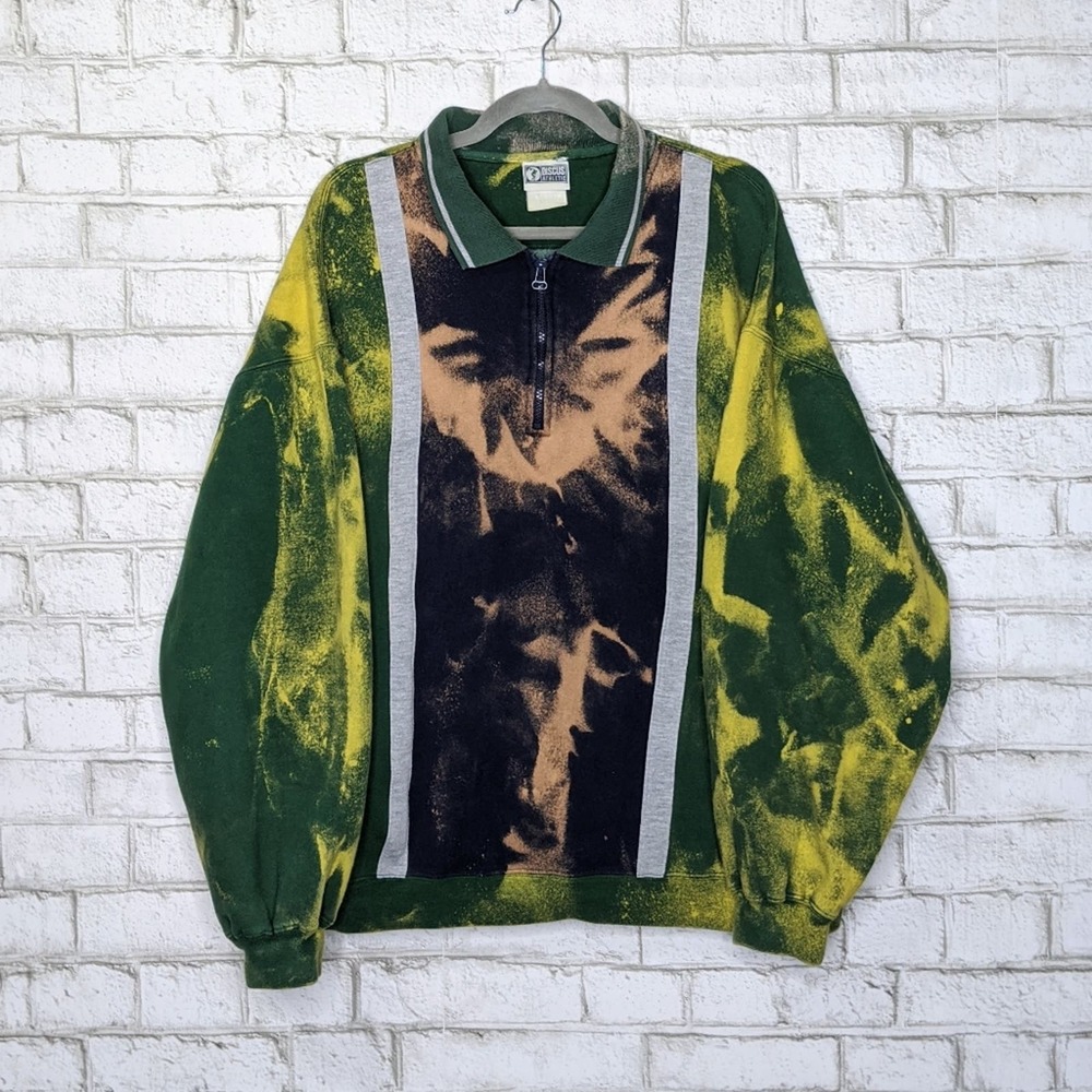 Vtg Sweatshirt Polo Zip Bleach Tie Dye Oversized Vintage